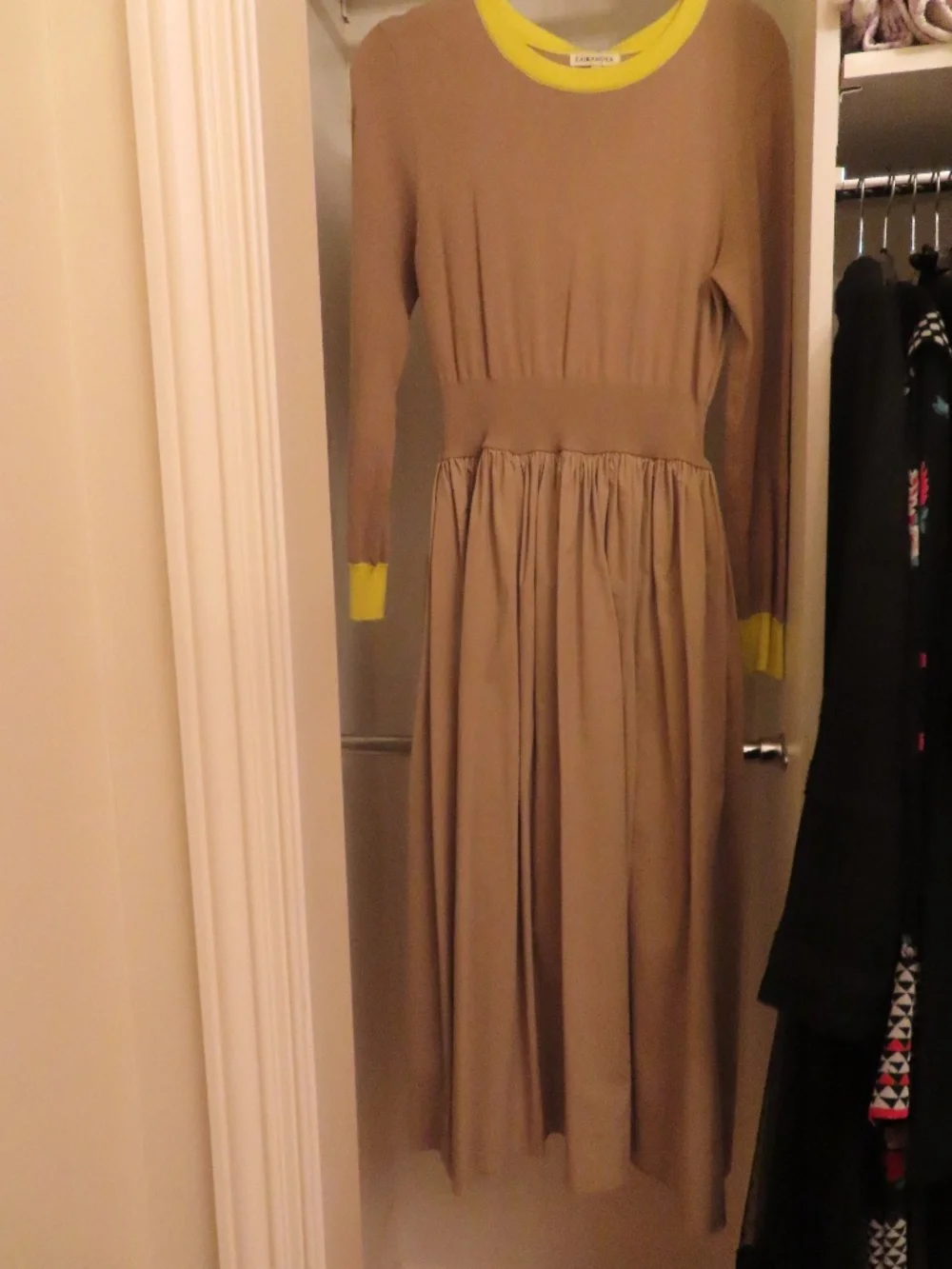 Zaikomoya Teen Girls XXL Beige Midi Dress with Yellow Trim & Back Bow